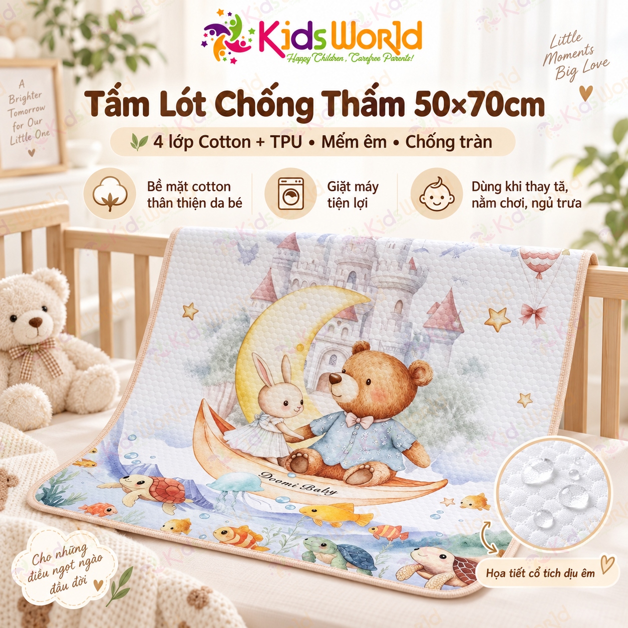 Tấm lót chống thấm cho bé phiên bản thế giới cổ tích màu nước 4 lớp cotton TPU, tấm lót thay tã giặt được thấm hút chống tràn kích thước 50x70cm