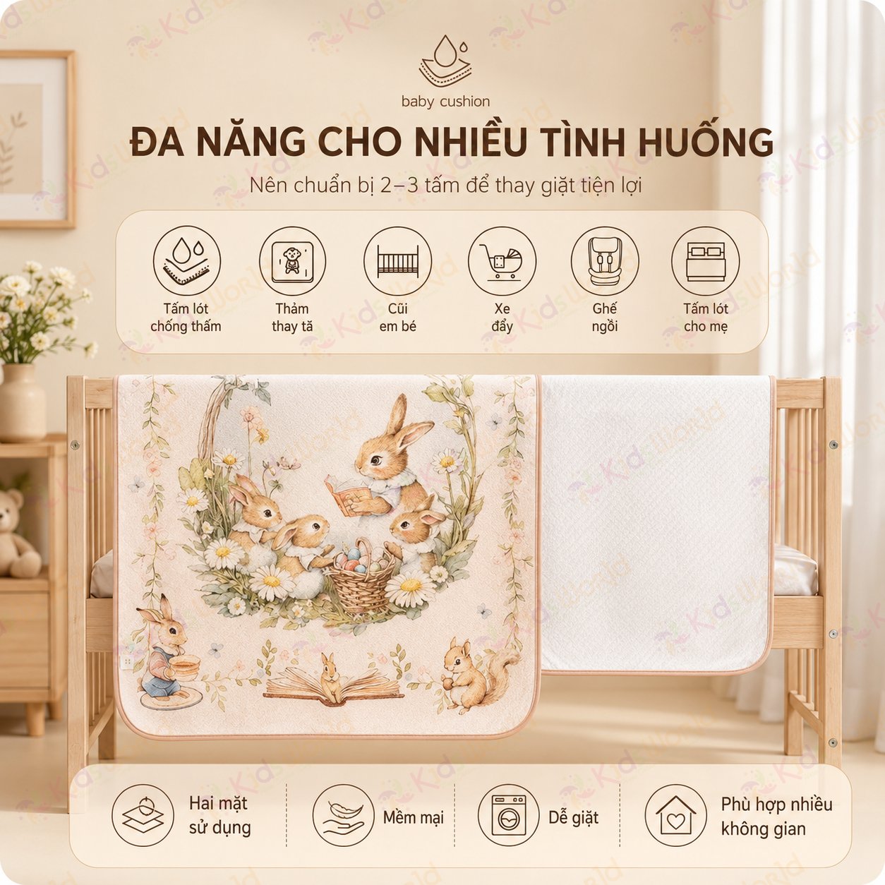 Tấm lót chống thấm cho bé thay tã phiên bản cổ tích, cotton 2 mặt mềm mịn thoáng khí, lõi tpu ngăn thấm, giặt được, dùng cho trẻ sơ sinhkích thước 50x70cm