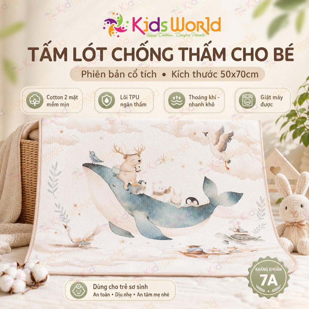 Tấm lót chống thấm cho bé thay tã phiên bản cổ tích, cotton 2 mặt mềm mịn thoáng khí, lõi tpu ngăn thấm, giặt được, dùng cho trẻ sơ sinhkích thước 50x70cm