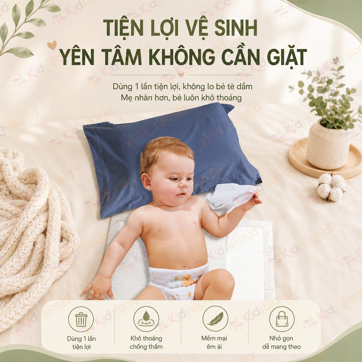 Tấm lót chống thấm dùng 1 lần Wai Isolation Pad thay tã bỉm cho bé & mẹ sau sinh mặt bông siêu mềm mại, thoáng khí, siêu thấm hút, chống thấm tuyệt đối