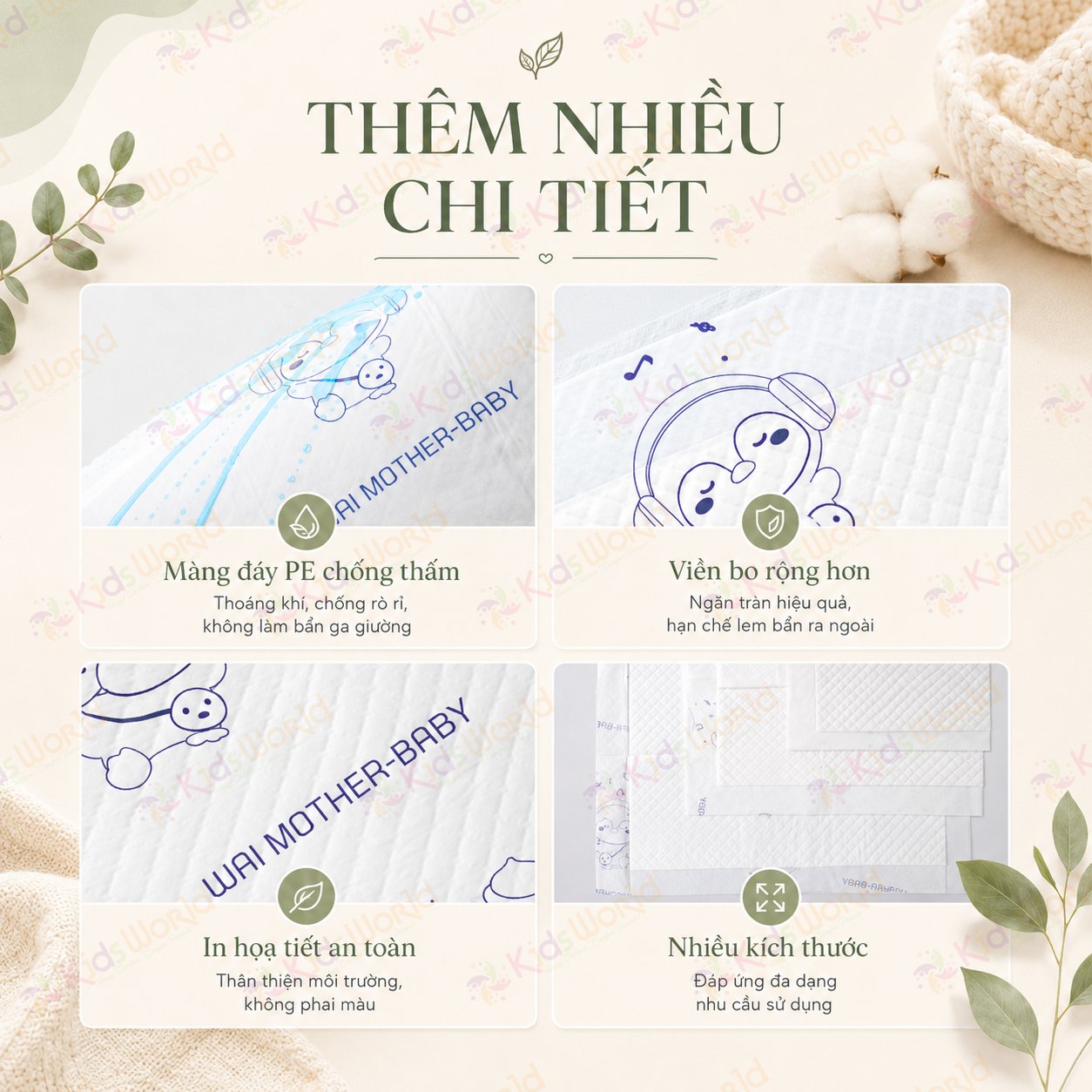 Tấm lót chống thấm dùng 1 lần Wai Isolation Pad thay tã bỉm cho bé & mẹ sau sinh mặt bông siêu mềm mại, thoáng khí, siêu thấm hút, chống thấm tuyệt đối