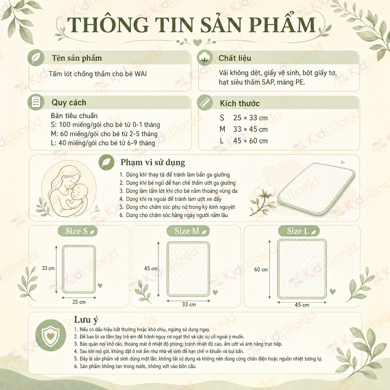 Tấm lót chống thấm dùng 1 lần Wai Isolation Pad thay tã bỉm cho bé & mẹ sau sinh mặt bông siêu mềm mại, thoáng khí, siêu thấm hút, chống thấm tuyệt đối