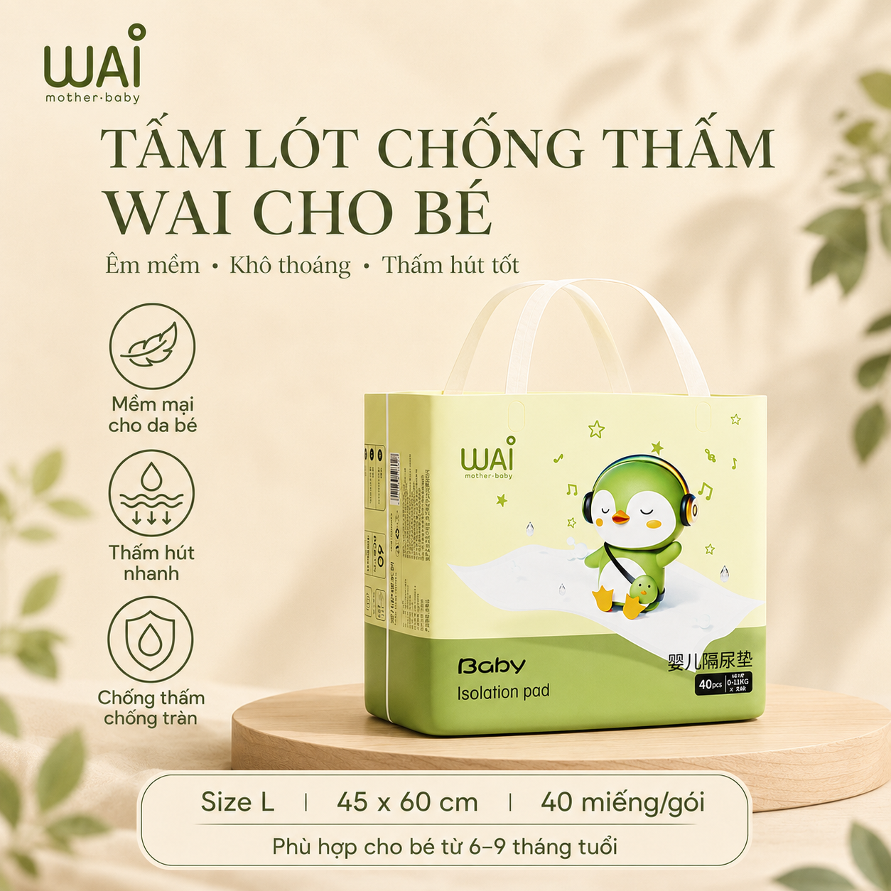 Tấm lót chống thấm dùng 1 lần Wai Isolation Pad thay tã bỉm cho bé & mẹ sau sinh mặt bông siêu mềm mại, thoáng khí, siêu thấm hút, chống thấm tuyệt đối