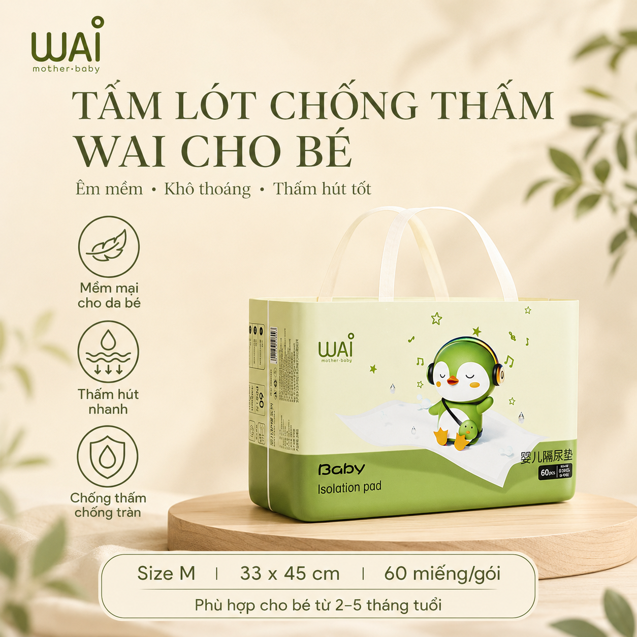 Tấm lót chống thấm dùng 1 lần Wai Isolation Pad thay tã bỉm cho bé & mẹ sau sinh mặt bông siêu mềm mại, thoáng khí, siêu thấm hút, chống thấm tuyệt đối