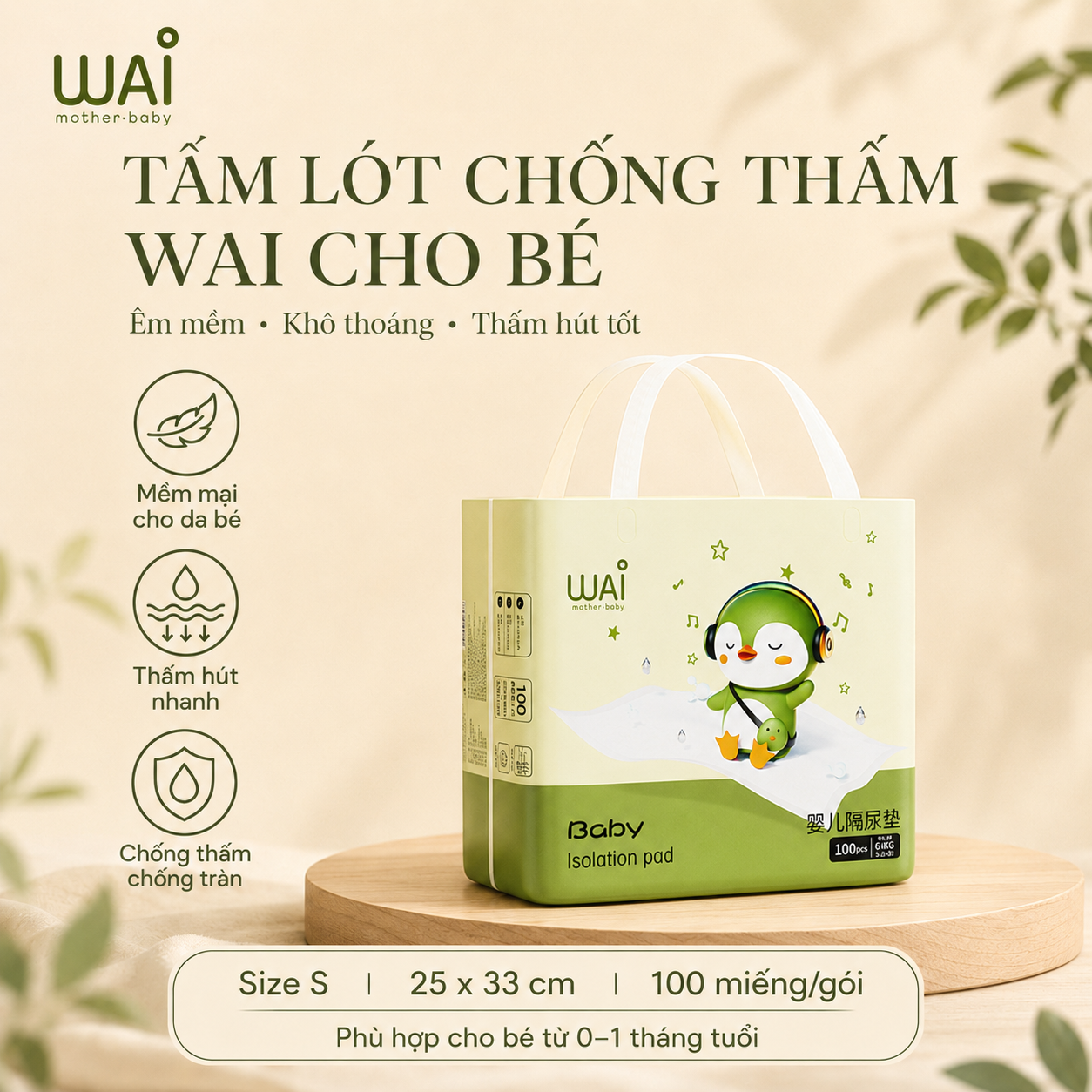 Tấm lót chống thấm dùng 1 lần Wai Isolation Pad thay tã bỉm cho bé & mẹ sau sinh mặt bông siêu mềm mại, thoáng khí, siêu thấm hút, chống thấm tuyệt đối