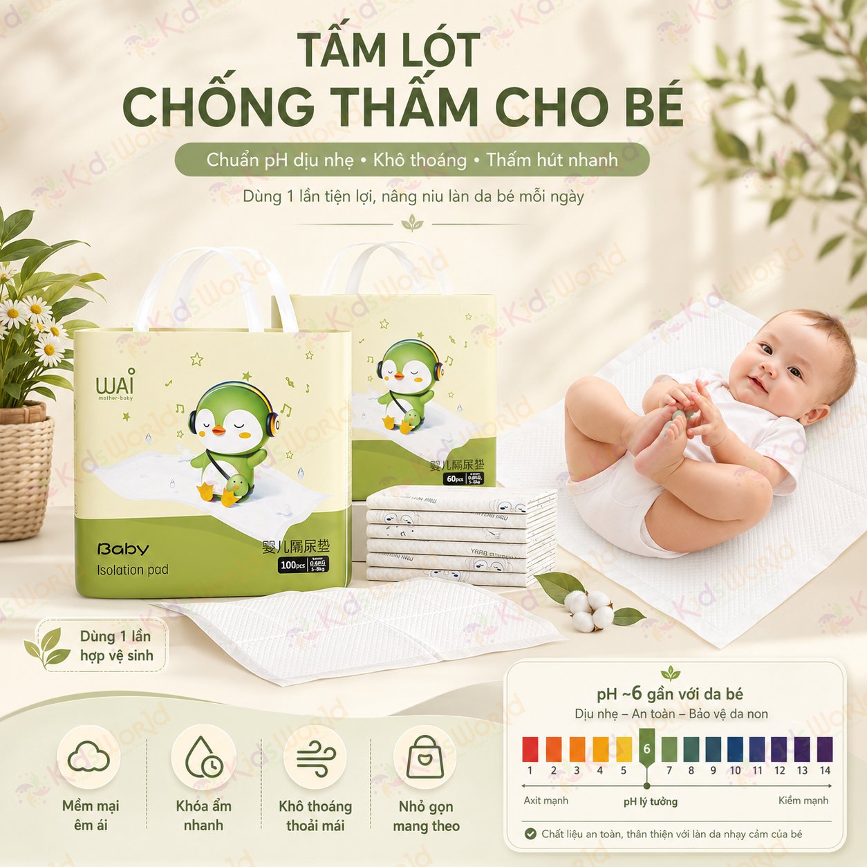 Tấm lót chống thấm dùng 1 lần Wai Isolation Pad thay tã bỉm cho bé & mẹ sau sinh mặt bông siêu mềm mại, thoáng khí, siêu thấm hút, chống thấm tuyệt đối