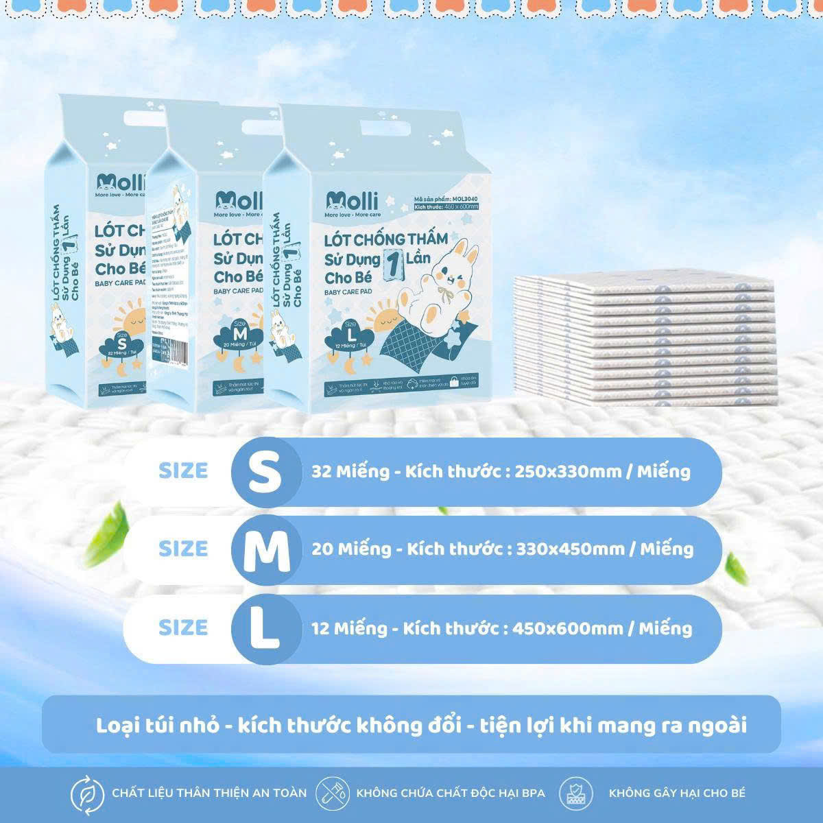 Tấm lót chống thấm dùng 1 lần cho bé Molli thiết kế mới túi nhỏ tiện lợi khi mang ra ngoài