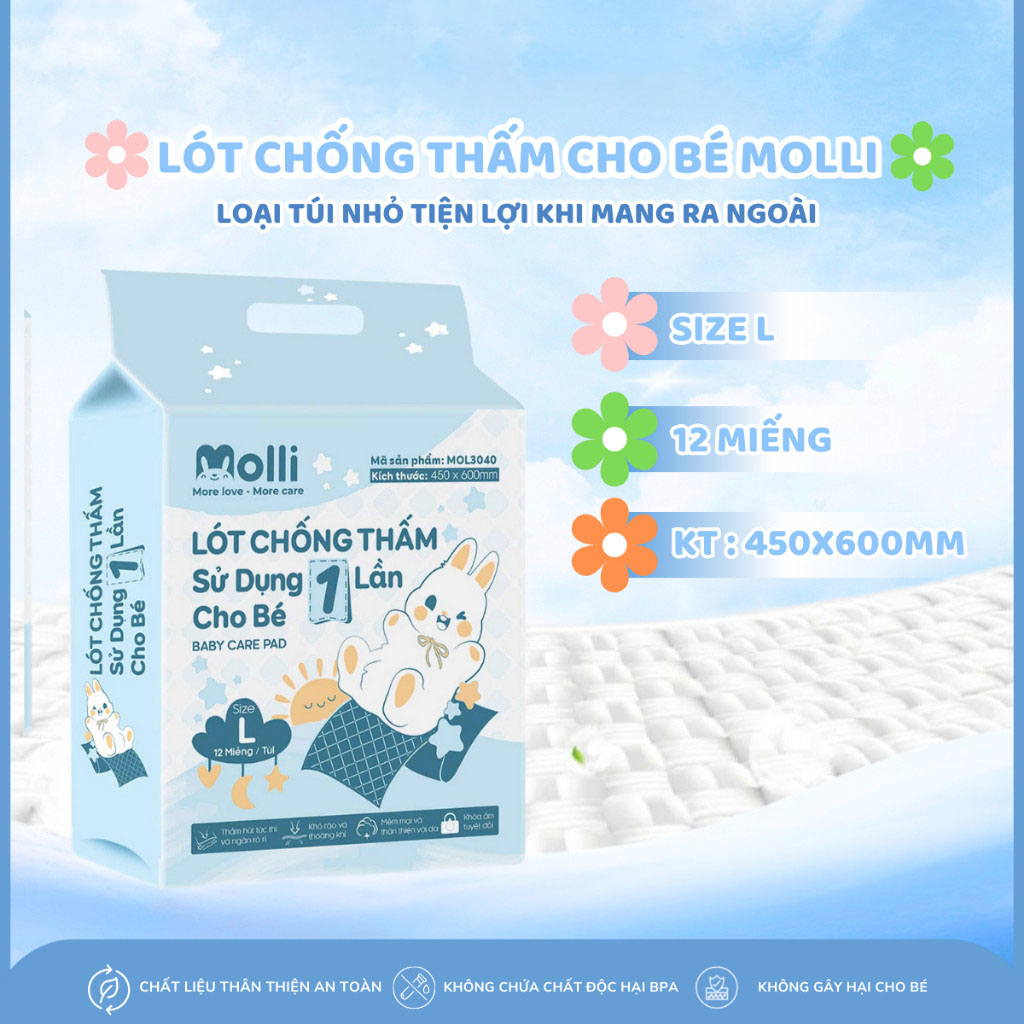 Tấm lót chống thấm dùng 1 lần cho bé Molli thiết kế mới túi nhỏ tiện lợi khi mang ra ngoài