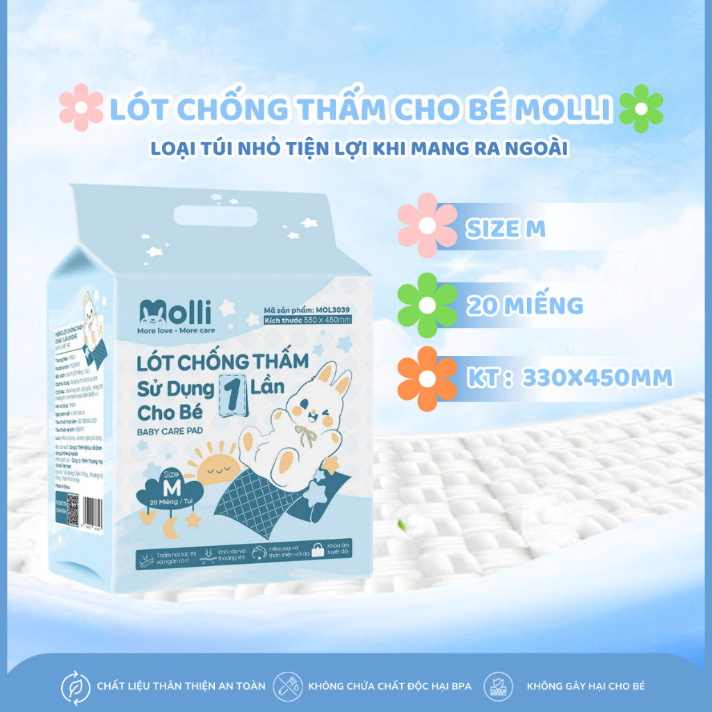 Tấm lót chống thấm dùng 1 lần cho bé Molli thiết kế mới túi nhỏ tiện lợi khi mang ra ngoài