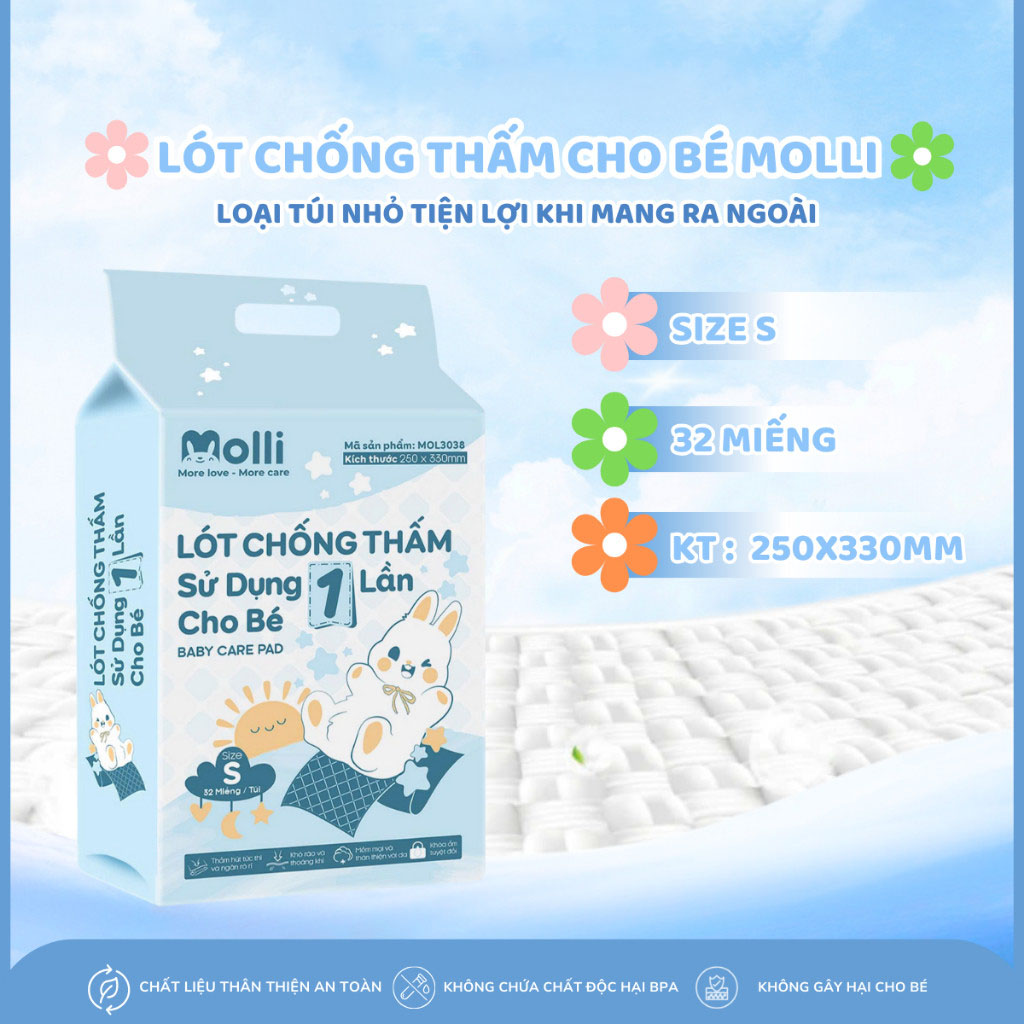 Tấm lót chống thấm dùng 1 lần cho bé Molli thiết kế mới túi nhỏ tiện lợi khi mang ra ngoài