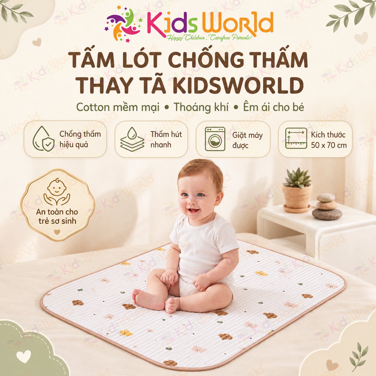 Tấm lót chống thấm thay tã cho bé KidsWorld chất liệu cotton mềm mại thoáng khí, giặt máy được, dùng cho trẻ sơ sinh kích thước 50x70cm