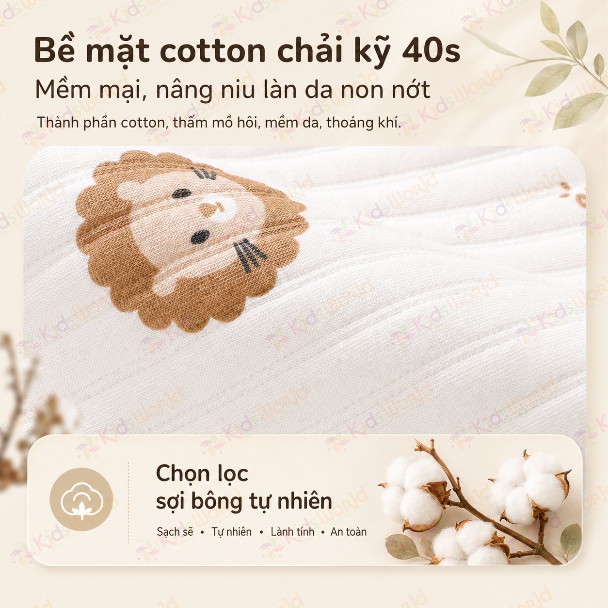 Tấm lót chống thấm thay tã cho bé KidsWorld chất liệu cotton mềm mại thoáng khí, giặt máy được, dùng cho trẻ sơ sinh kích thước 50x70cm
