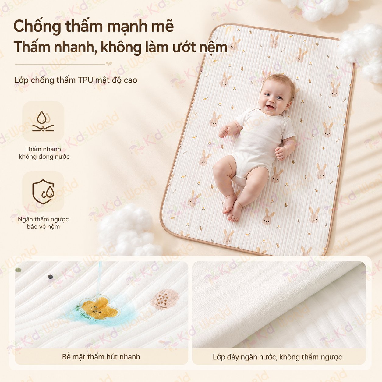 Tấm lót chống thấm thay tã cho bé KidsWorld chất liệu cotton mềm mại thoáng khí, giặt máy được, dùng cho trẻ sơ sinh kích thước 50x70cm