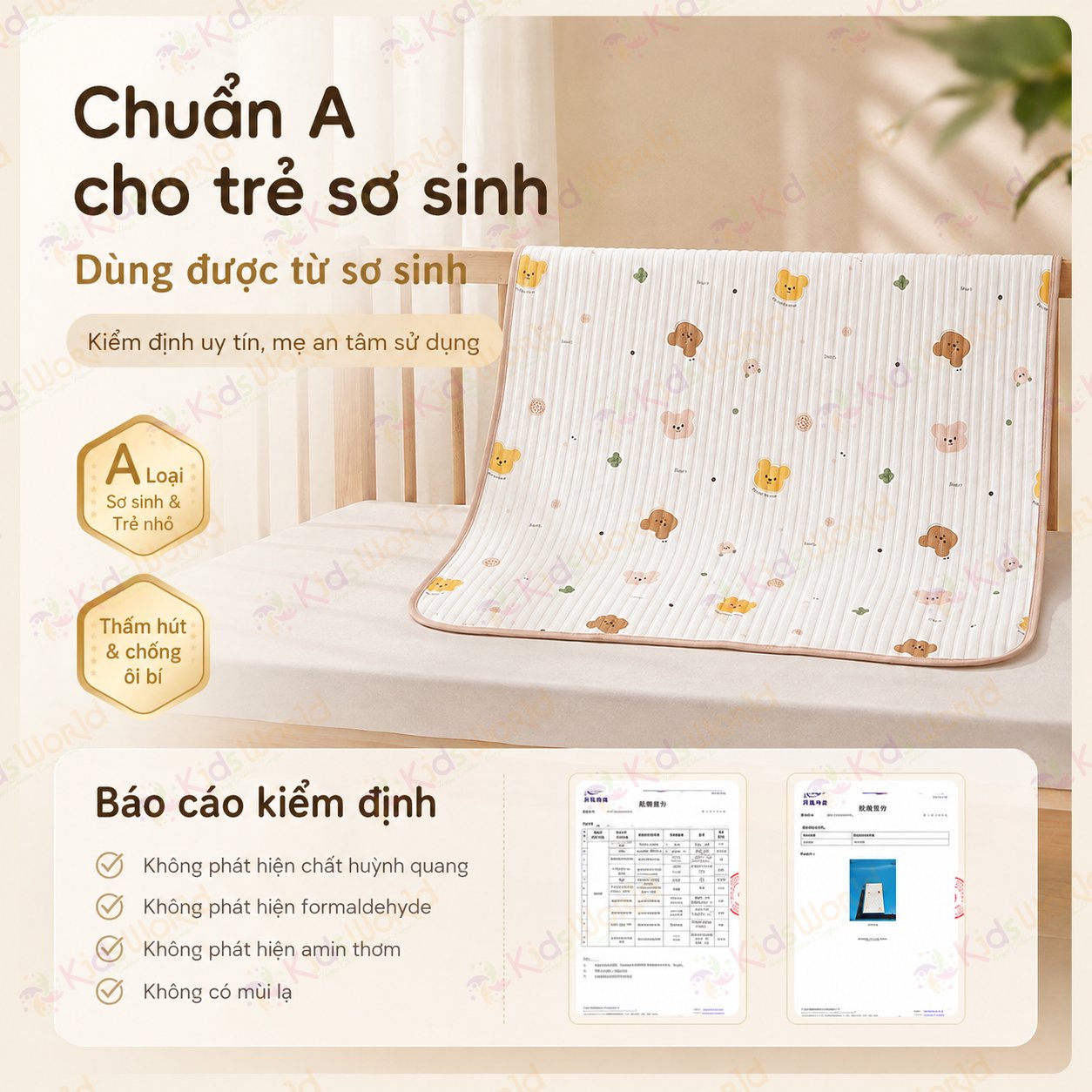 Tấm lót chống thấm thay tã cho bé KidsWorld chất liệu cotton mềm mại thoáng khí, giặt máy được, dùng cho trẻ sơ sinh kích thước 50x70cm