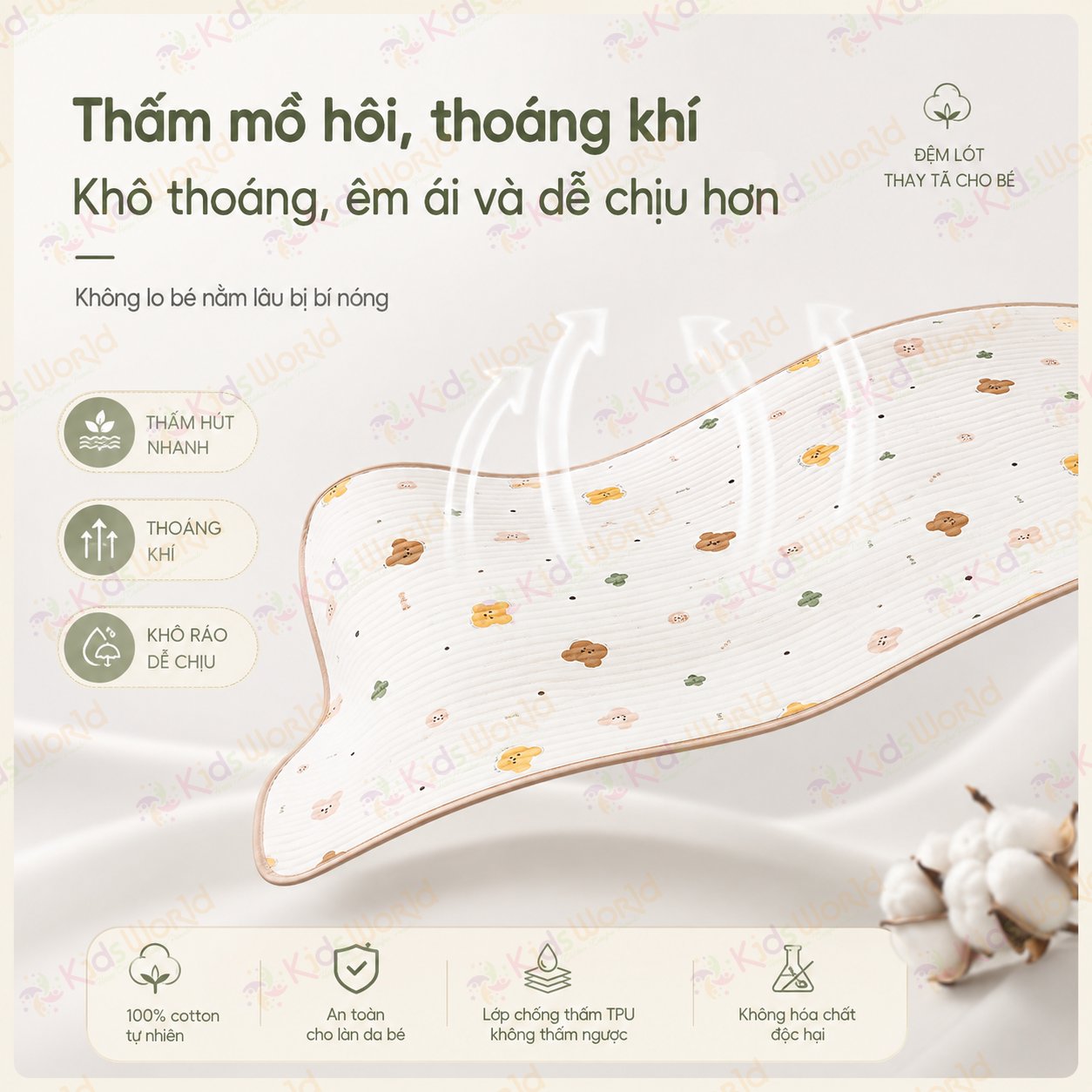 Tấm lót chống thấm thay tã cho bé KidsWorld chất liệu cotton mềm mại thoáng khí, giặt máy được, dùng cho trẻ sơ sinh kích thước 50x70cm
