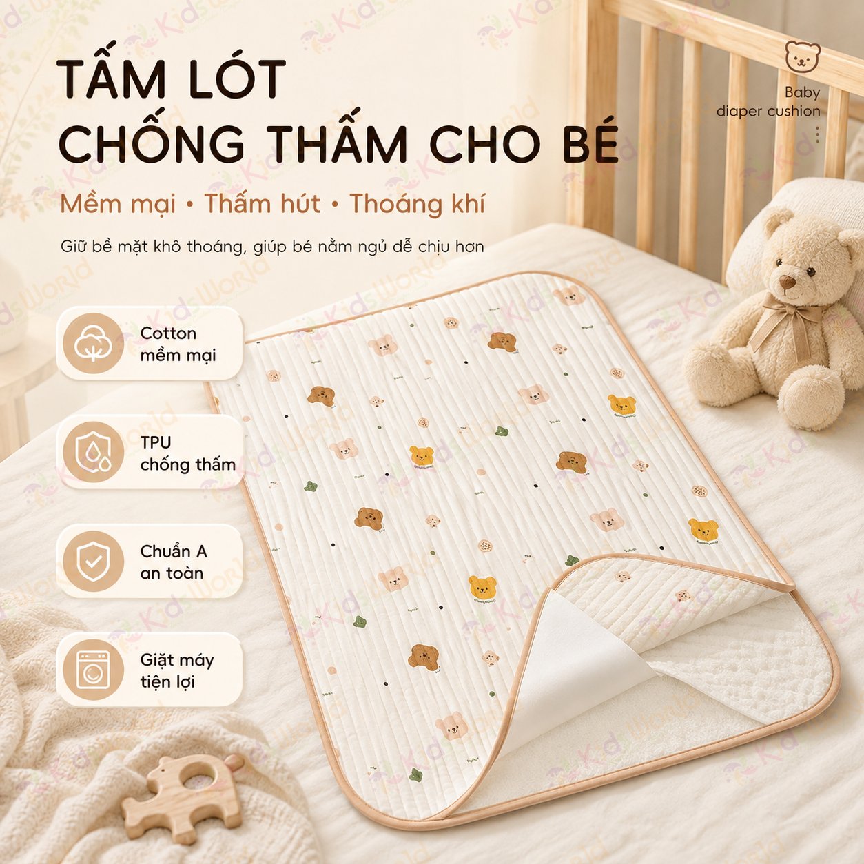 Tấm lót chống thấm thay tã cho bé KidsWorld chất liệu cotton mềm mại thoáng khí, giặt máy được, dùng cho trẻ sơ sinh kích thước 50x70cm