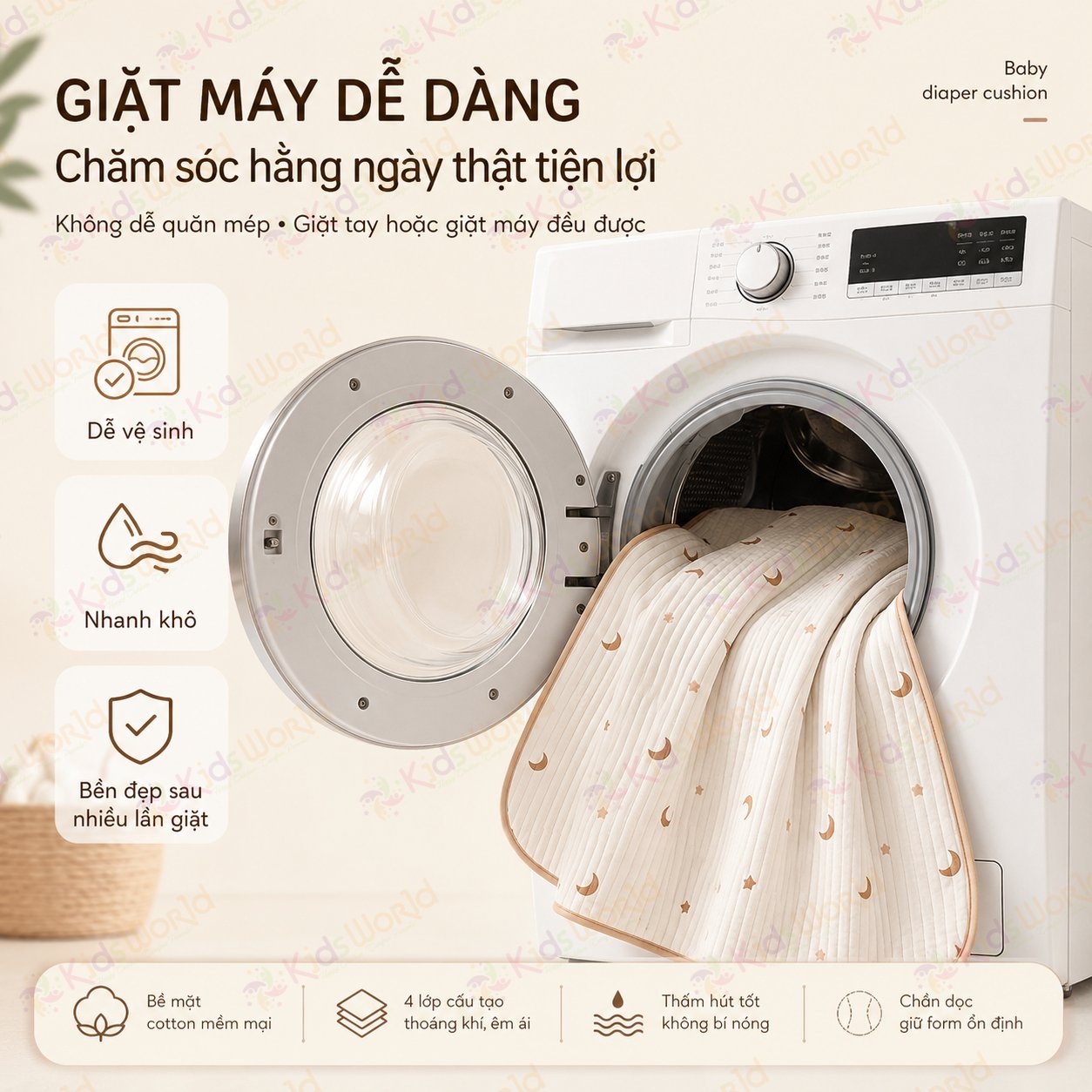 Tấm lót chống thấm thay tã cho bé KidsWorld chất liệu cotton mềm mại thoáng khí, giặt máy được, dùng cho trẻ sơ sinh kích thước 50x70cm