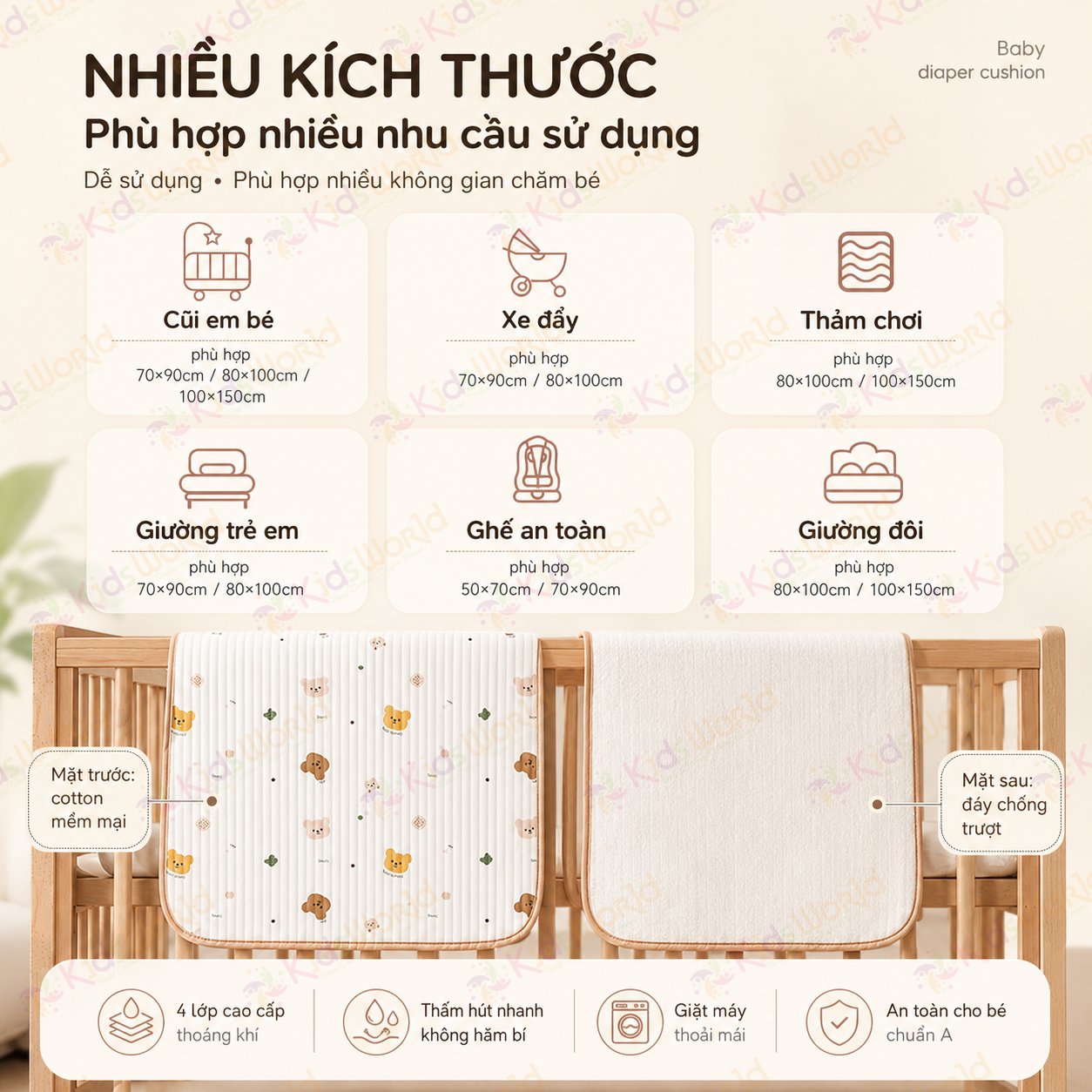 Tấm lót chống thấm thay tã cho bé KidsWorld chất liệu cotton mềm mại thoáng khí, giặt máy được, dùng cho trẻ sơ sinh kích thước 50x70cm