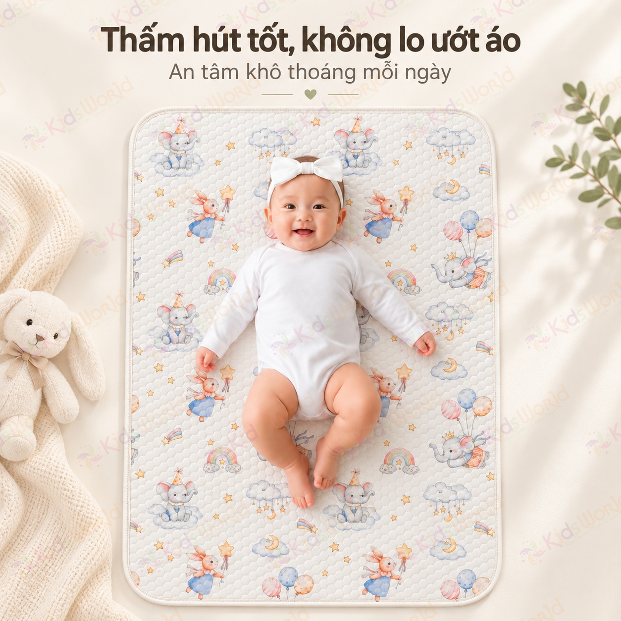 Tấm lót chống thấm thay tã cho trẻ sơ sinh chất liệu Cotton dệt kim cấu trúc tổ ong thoáng khí, thấm hút mồ hôi kích thước 50x70cm