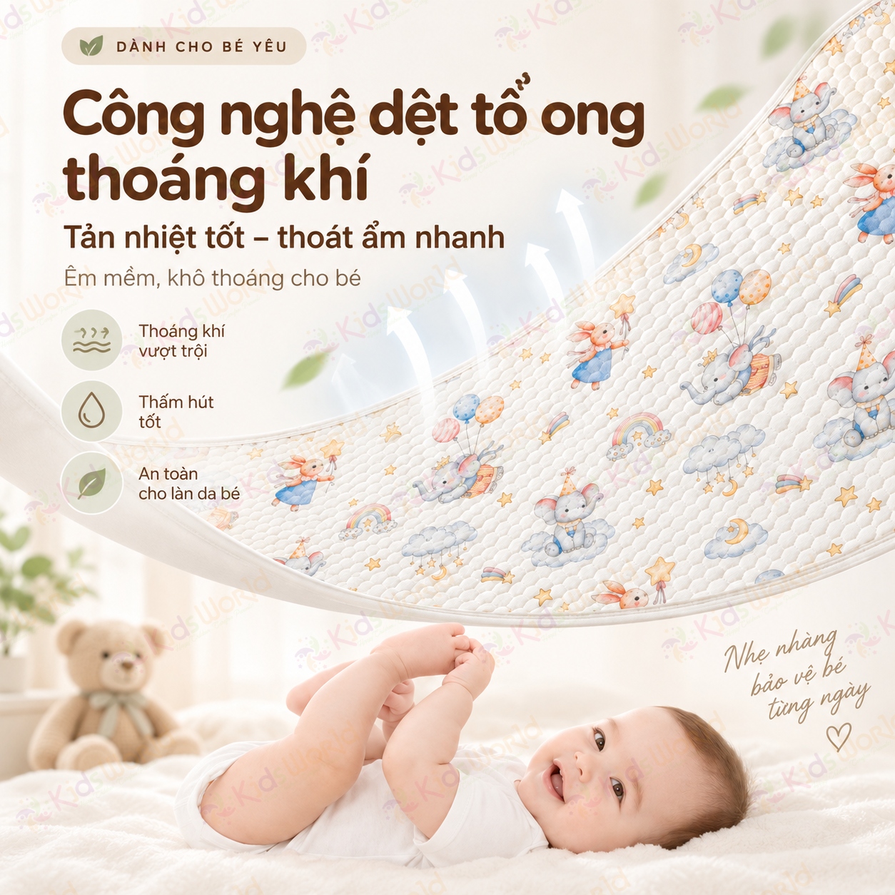 Tấm lót chống thấm thay tã cho trẻ sơ sinh chất liệu Cotton dệt kim cấu trúc tổ ong thoáng khí, thấm hút mồ hôi kích thước 50x70cm