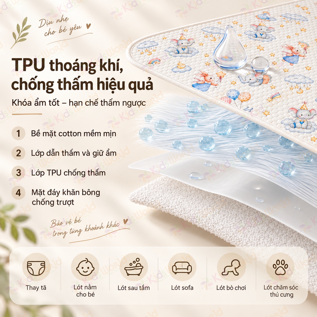 Tấm lót chống thấm thay tã cho trẻ sơ sinh chất liệu Cotton dệt kim cấu trúc tổ ong thoáng khí, thấm hút mồ hôi kích thước 50x70cm