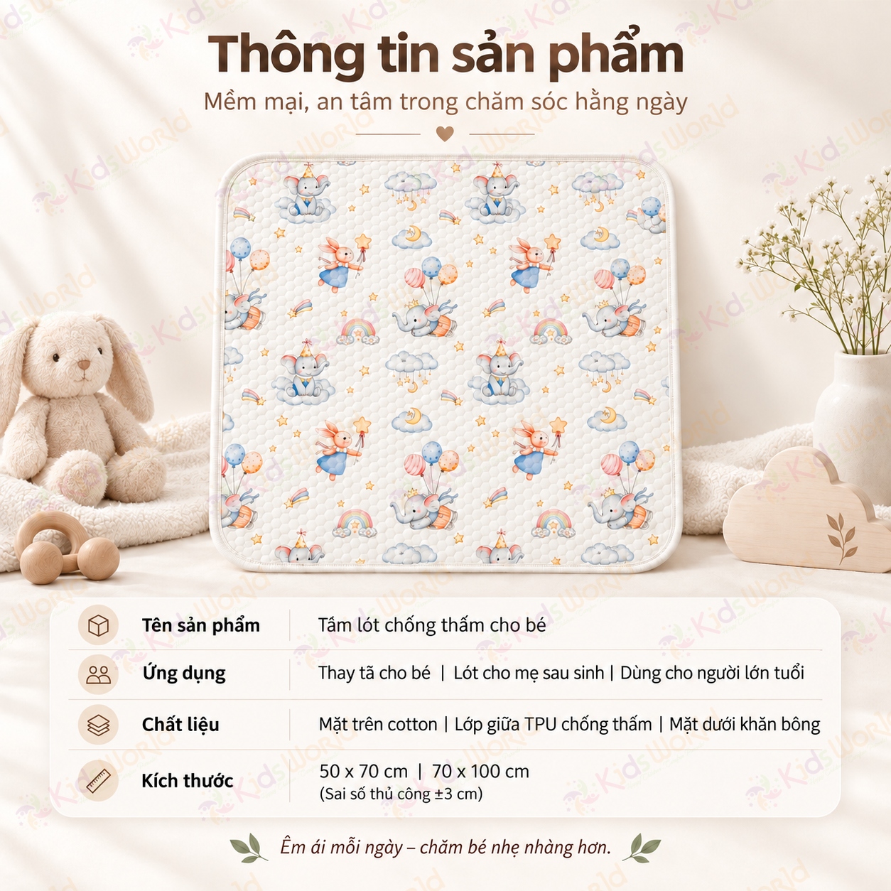 Tấm lót chống thấm thay tã cho trẻ sơ sinh chất liệu Cotton dệt kim cấu trúc tổ ong thoáng khí, thấm hút mồ hôi kích thước 50x70cm