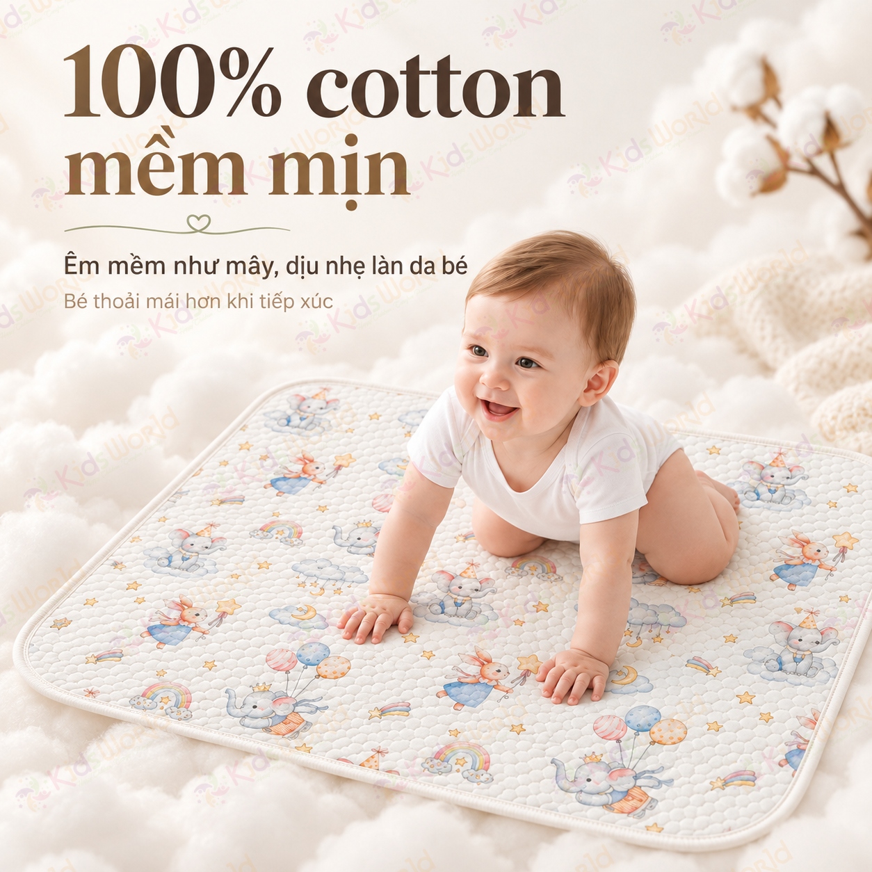 Tấm lót chống thấm thay tã cho trẻ sơ sinh chất liệu Cotton dệt kim cấu trúc tổ ong thoáng khí, thấm hút mồ hôi kích thước 50x70cm
