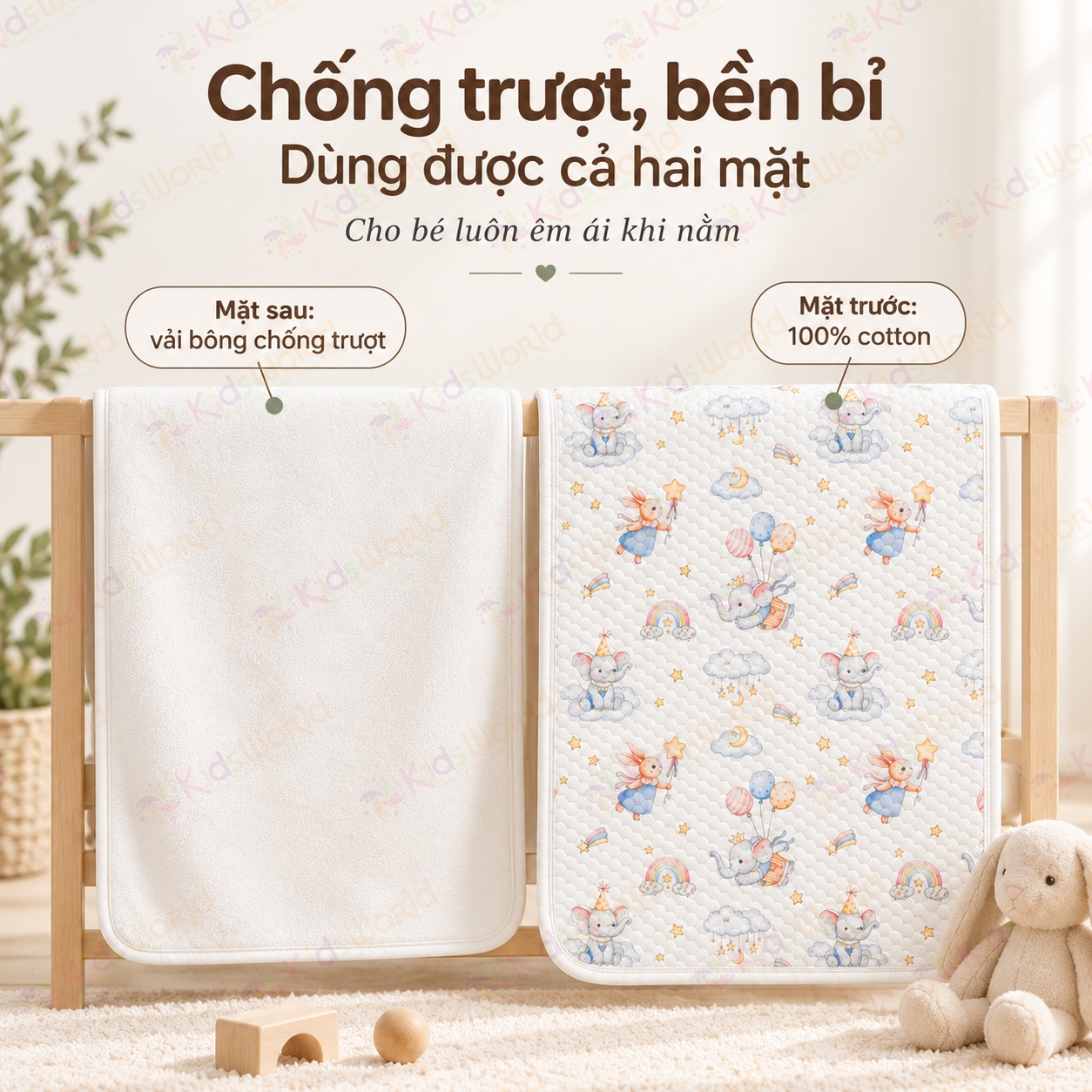 Tấm lót chống thấm thay tã cho trẻ sơ sinh chất liệu Cotton dệt kim cấu trúc tổ ong thoáng khí, thấm hút mồ hôi kích thước 50x70cm