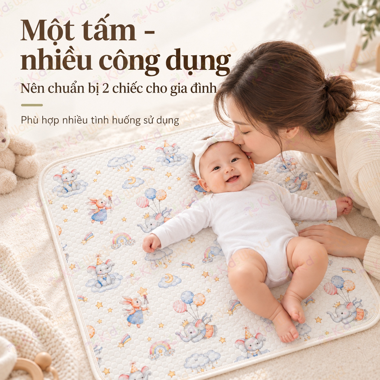 Tấm lót chống thấm thay tã cho trẻ sơ sinh chất liệu Cotton dệt kim cấu trúc tổ ong thoáng khí, thấm hút mồ hôi kích thước 50x70cm