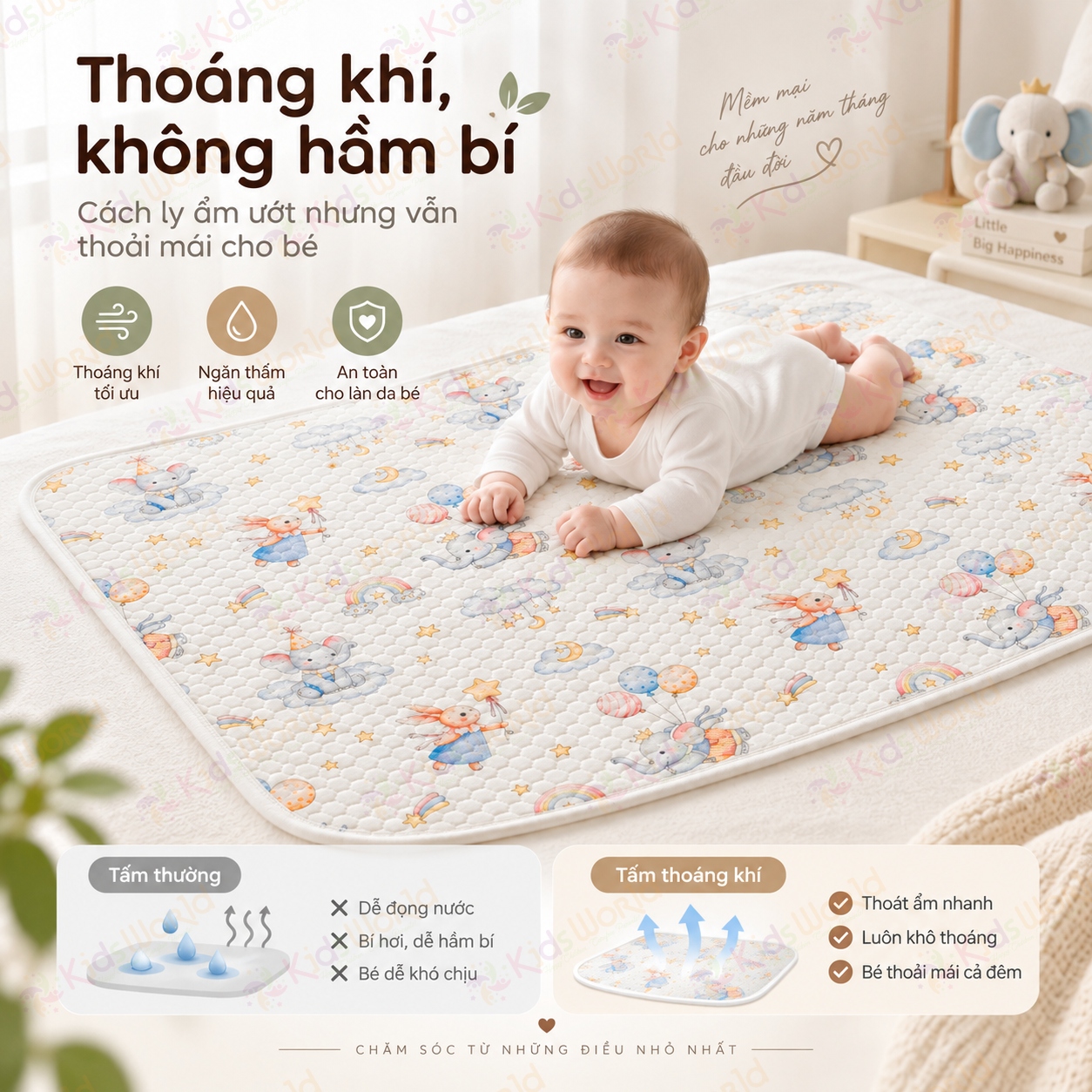 Tấm lót chống thấm thay tã cho trẻ sơ sinh chất liệu Cotton dệt kim cấu trúc tổ ong thoáng khí, thấm hút mồ hôi kích thước 50x70cm