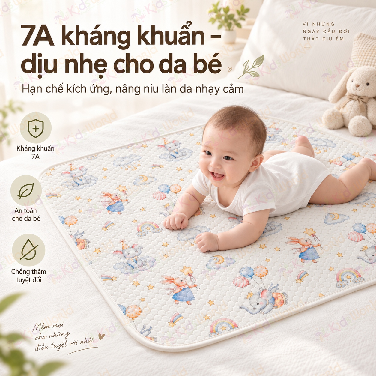 Tấm lót chống thấm thay tã cho trẻ sơ sinh chất liệu Cotton dệt kim cấu trúc tổ ong thoáng khí, thấm hút mồ hôi kích thước 50x70cm