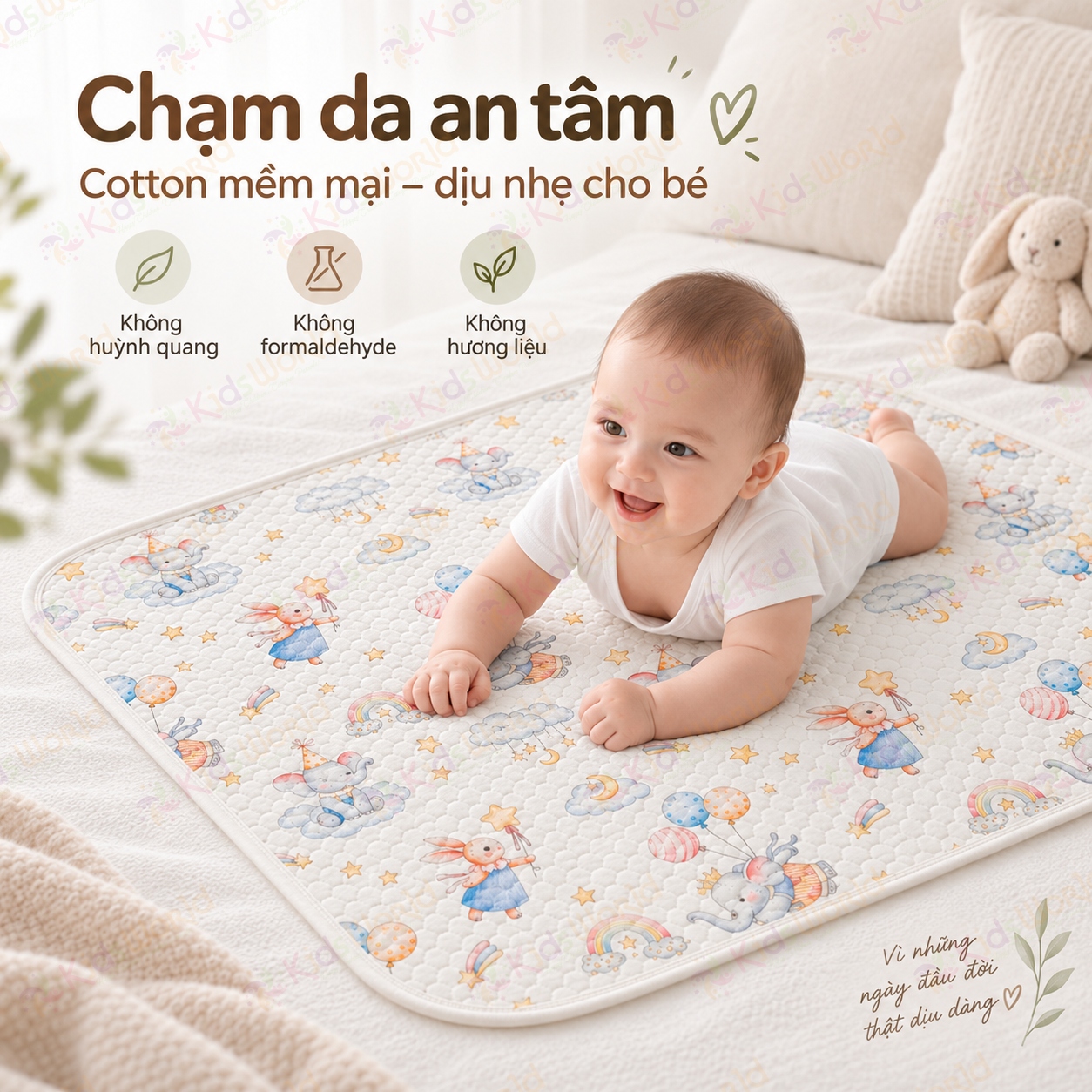 Tấm lót chống thấm thay tã cho trẻ sơ sinh chất liệu Cotton dệt kim cấu trúc tổ ong thoáng khí, thấm hút mồ hôi kích thước 50x70cm