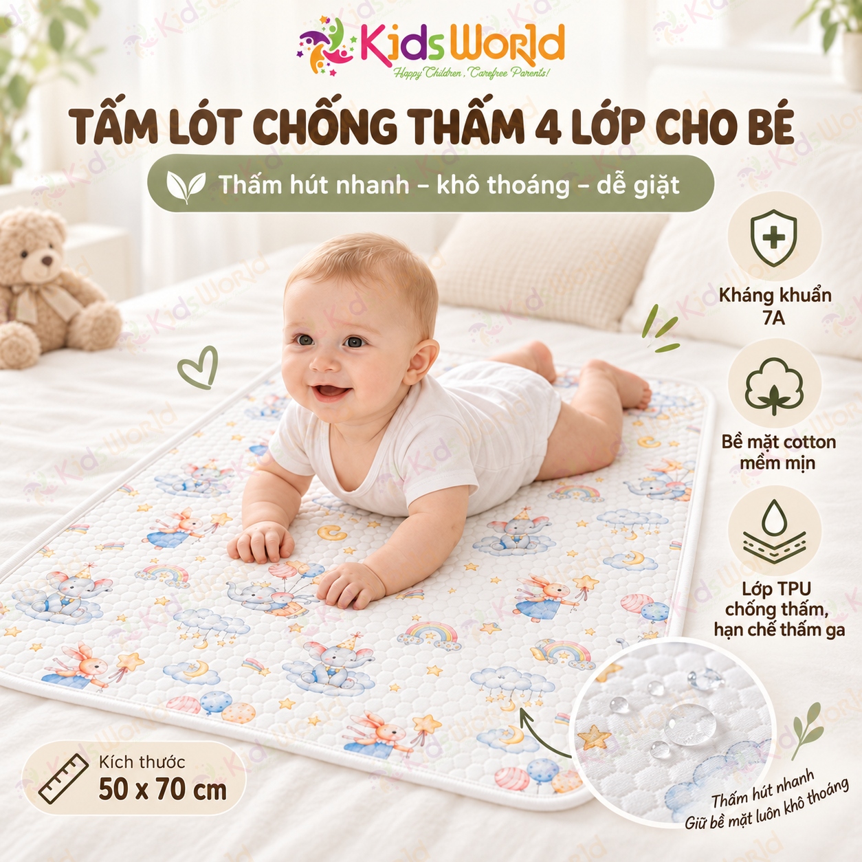Tấm lót chống thấm thay tã cho trẻ sơ sinh chất liệu Cotton dệt kim cấu trúc tổ ong thoáng khí, thấm hút mồ hôi kích thước 50x70cm