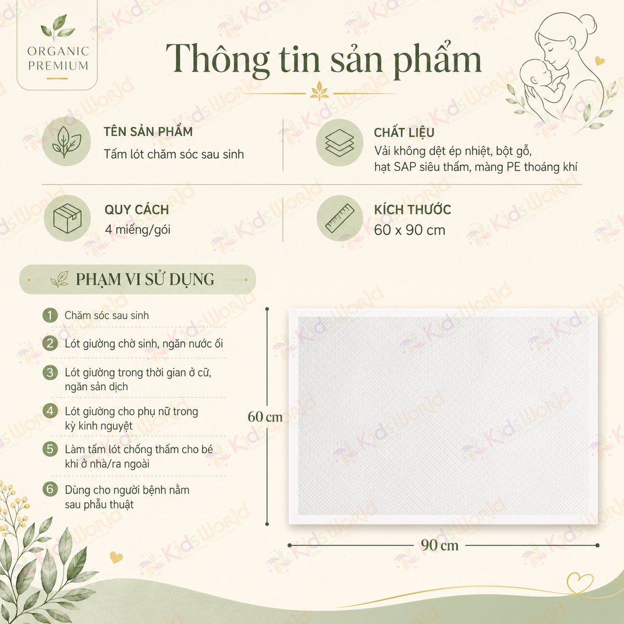 Tấm lót giường hậu sản cho mẹ sau sinh WAI Puerperal Nursing Pad phiên bản nâng cấp siêu dày bịch 10 miếng 60X90cm