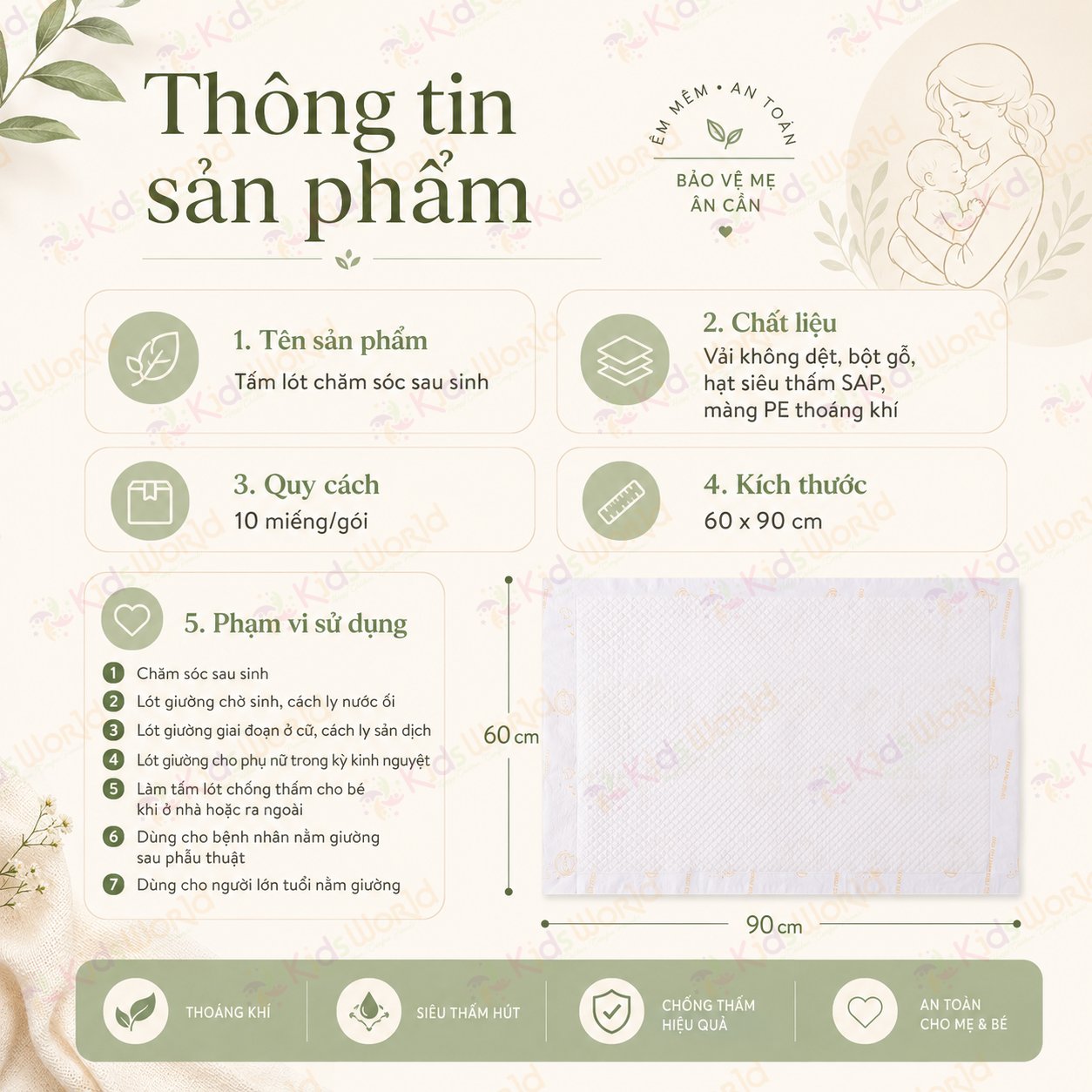 Tấm lót giường hậu sản cho mẹ sau sinh Wai Puerperal Nursing Pad phiên bản tiêu chuẩn tấm lót giường cho người già trẻ em thay tã