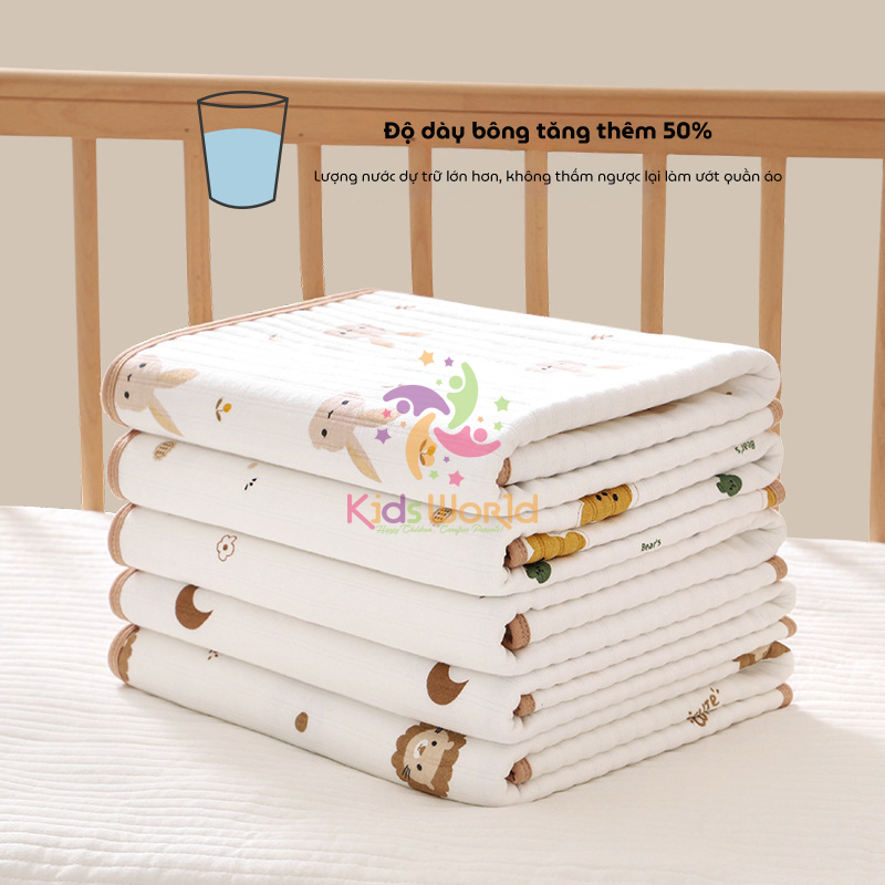 Tấm lót thay tã cho bé KidsWorld chất liệu cotton thoáng khí chống thấm nước có thể giặt được kích thước 50x70cm