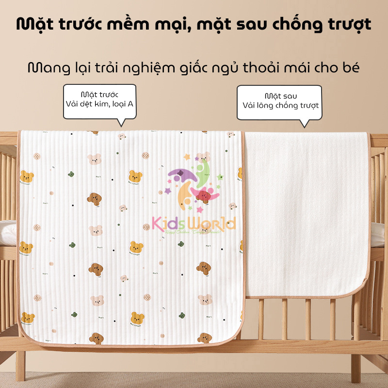 Tấm lót thay tã cho bé KidsWorld chất liệu cotton thoáng khí chống thấm nước có thể giặt được kích thước 50x70cm