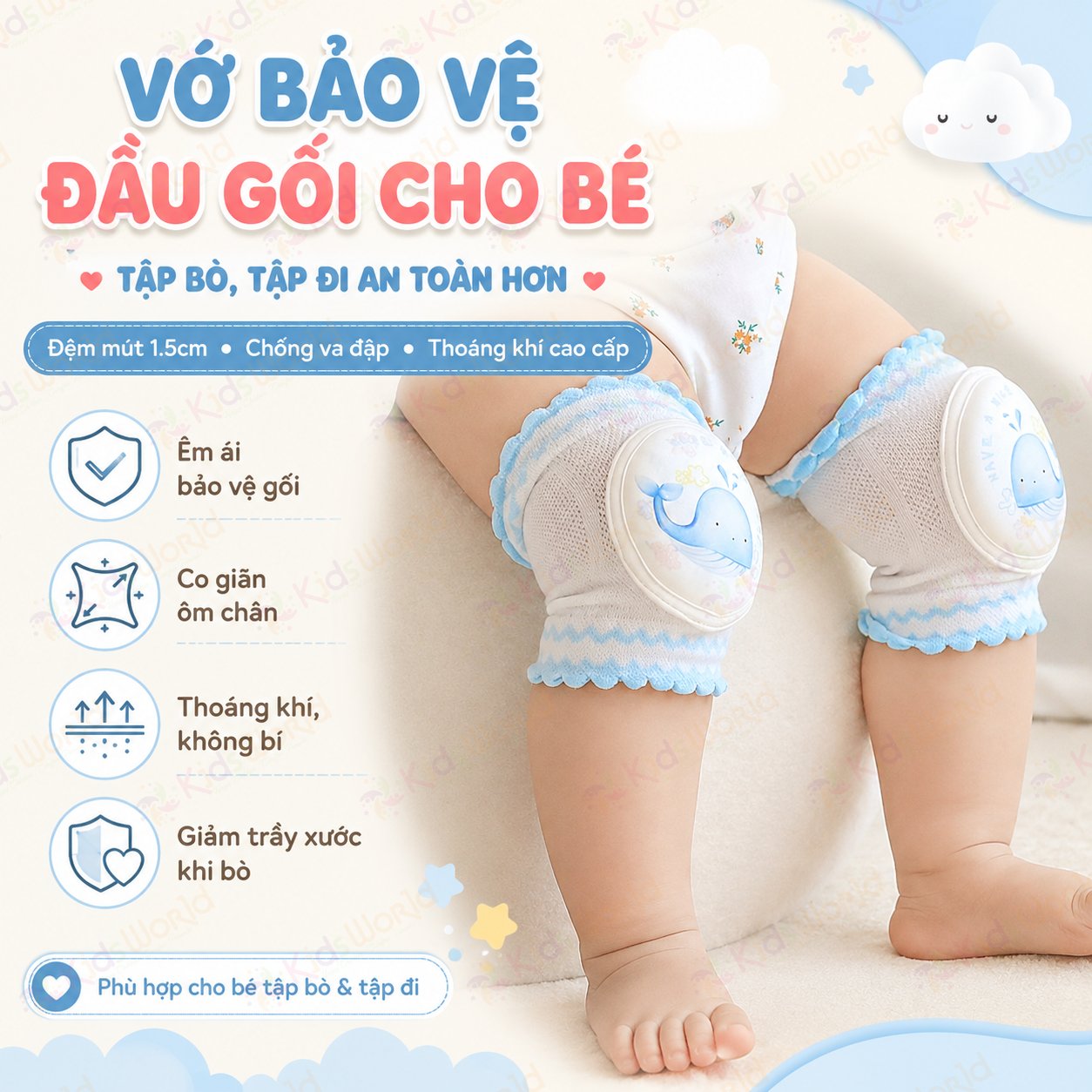 Tất vớ bảo vệ đầu gối cho bé tập bò, tập đi hoạ tiết cổ tích chống va đập, thoáng khí cao cấp