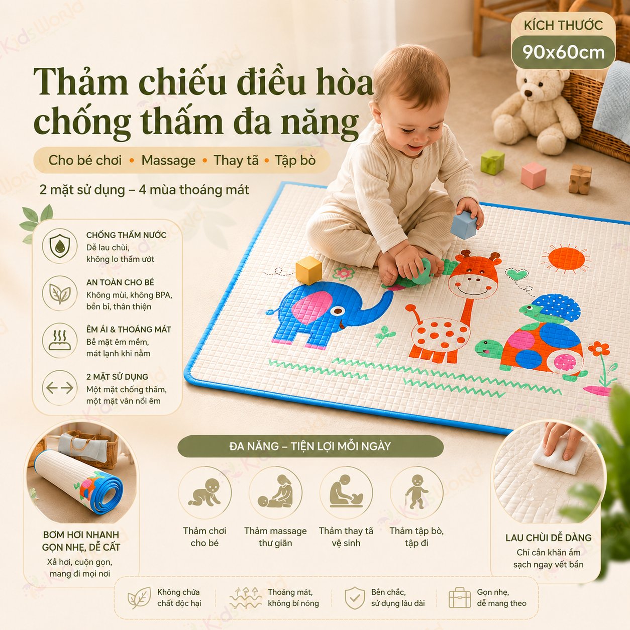 Thảm cao su bơm hơi đa năng chống thấm nước cho bé – thảm massage, thay tã, tập bò 2 mặt 90x60cm