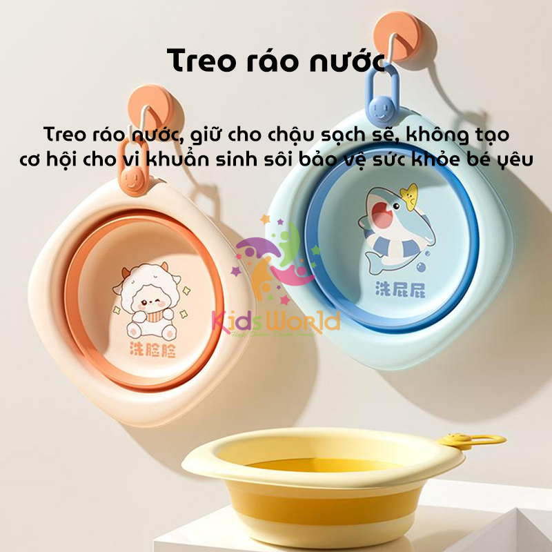 Thau chậu rửa mặt gấp gọn cho trẻ sơ sinh kiểu dáng hình thoi hoạ tiết động vật dung tích 3000ml chống rơi và chịu nhiệt độ cao