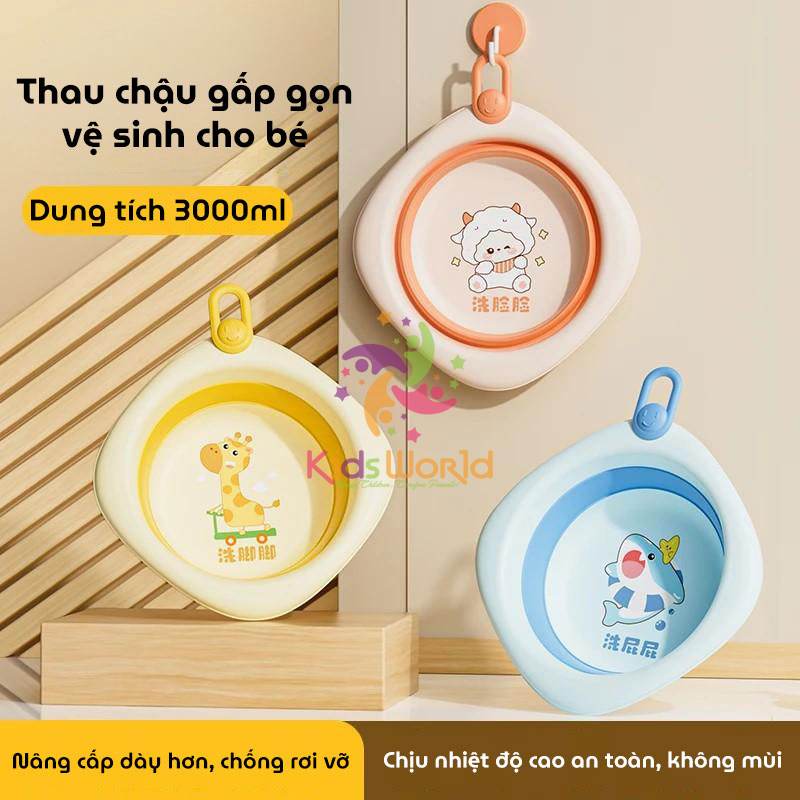 Thau chậu rửa mặt gấp gọn cho trẻ sơ sinh kiểu dáng hình thoi hoạ tiết động vật dung tích 3000ml chống rơi và chịu nhiệt độ cao