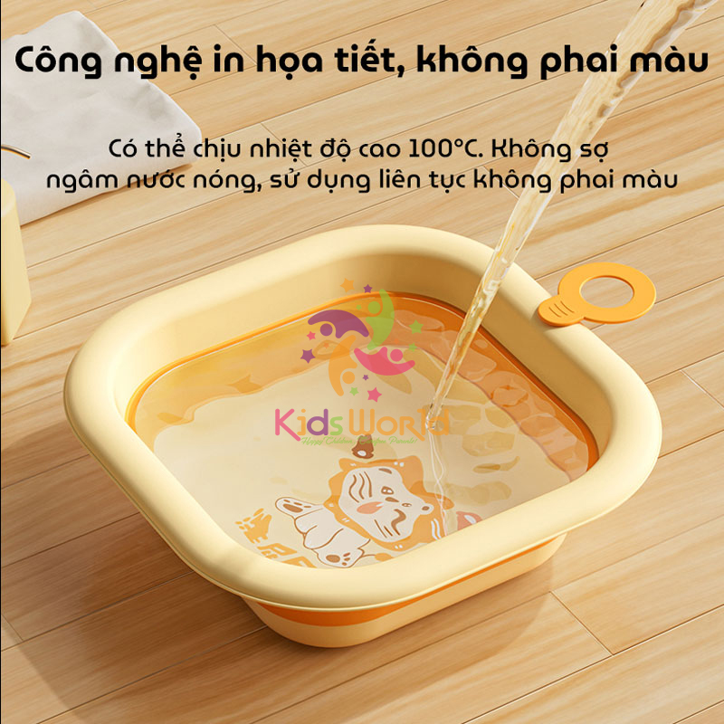 Thau chậu rửa mặt gấp gọn cho trẻ sơ sinh kiểu dáng hình vuông hoạ tiết động vật dung tích 3500ml chống rơi và chịu nhiệt độ cao