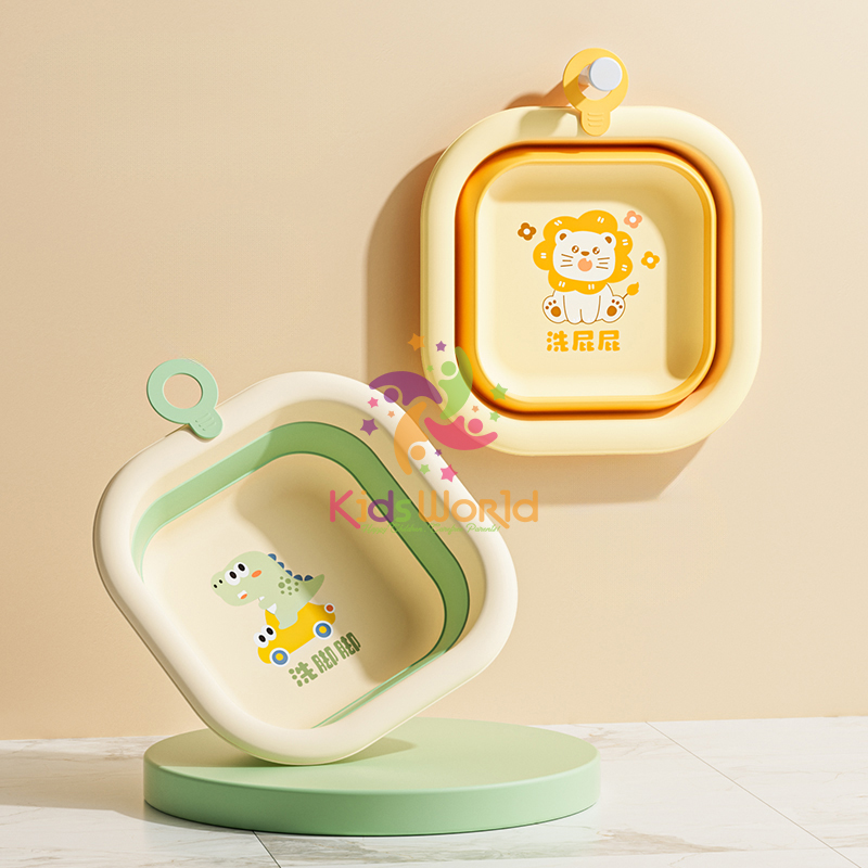 Thau chậu rửa mặt gấp gọn cho trẻ sơ sinh kiểu dáng hình vuông hoạ tiết động vật dung tích 3500ml chống rơi và chịu nhiệt độ cao