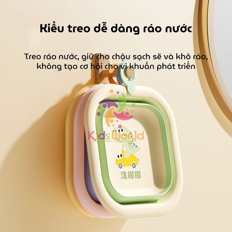 Thau chậu rửa mặt gấp gọn cho trẻ sơ sinh kiểu dáng hình vuông hoạ tiết động vật dung tích 3500ml chống rơi và chịu nhiệt độ cao