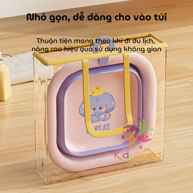 Thau chậu rửa mặt gấp gọn cho trẻ sơ sinh kiểu dáng hình vuông hoạ tiết động vật dung tích 3500ml chống rơi và chịu nhiệt độ cao