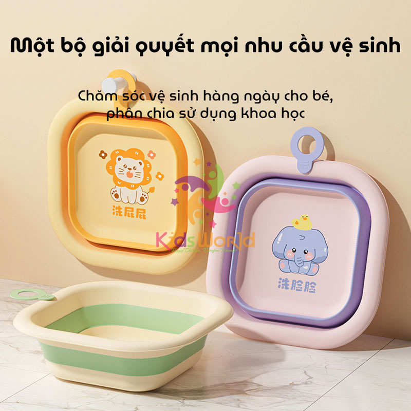 Thau chậu rửa mặt gấp gọn cho trẻ sơ sinh kiểu dáng hình vuông hoạ tiết động vật dung tích 3500ml chống rơi và chịu nhiệt độ cao