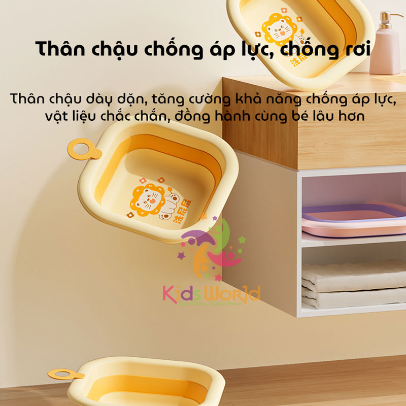 Thau chậu rửa mặt gấp gọn cho trẻ sơ sinh kiểu dáng hình vuông hoạ tiết động vật dung tích 3500ml chống rơi và chịu nhiệt độ cao