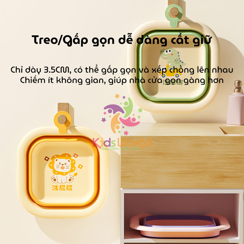 Thau chậu rửa mặt gấp gọn cho trẻ sơ sinh kiểu dáng hình vuông hoạ tiết động vật dung tích 3500ml chống rơi và chịu nhiệt độ cao