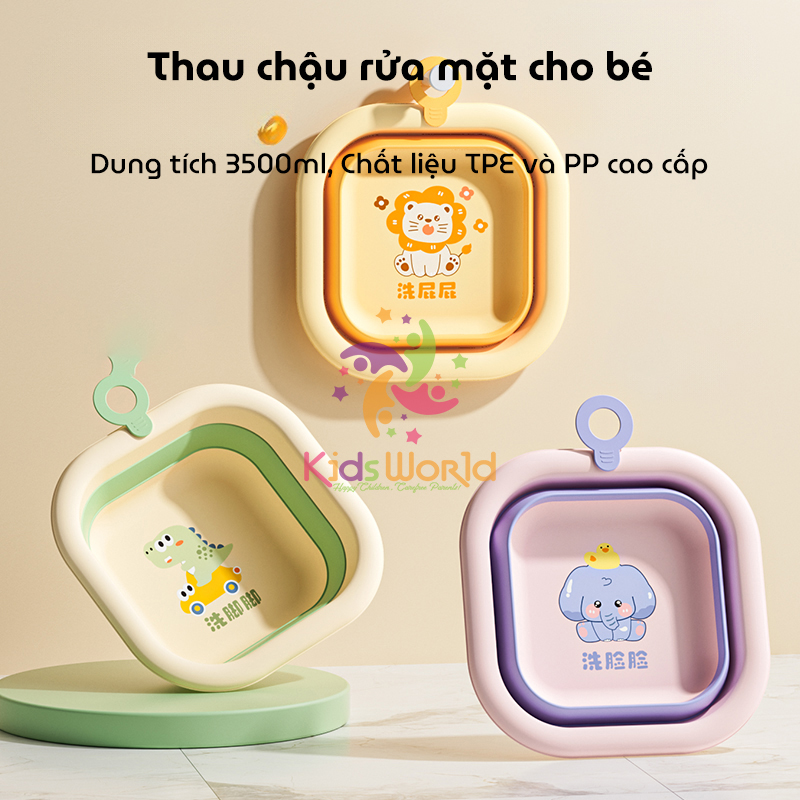 Thau chậu rửa mặt gấp gọn cho trẻ sơ sinh kiểu dáng hình vuông hoạ tiết động vật dung tích 3500ml chống rơi và chịu nhiệt độ cao