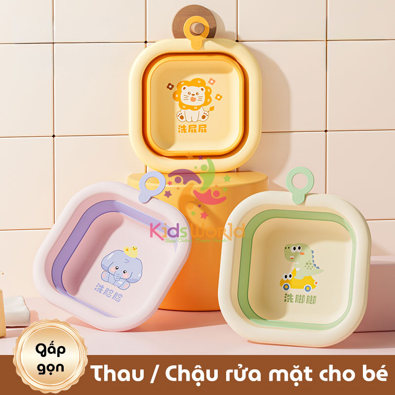 Thau chậu rửa mặt gấp gọn cho trẻ sơ sinh kiểu dáng hình vuông hoạ tiết động vật dung tích 3500ml chống rơi và chịu nhiệt độ cao